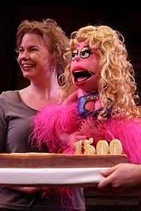 Photo Op - Avenue Q plays 1,500 performance - Lucy the Slut with cake
