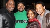 Memphis featured players J. Bernard Calloway, James Monroe Iglehart and Derrick Baskin squeeze in for a shot with Ms. Woodard.