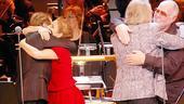 Composers Bjorn Ulvaeus (hugging Sjoholm) and Benny Andersson (embracing Gemignani) are delighted with the first performance of their musical in English (translated in part by Herbert Kretzmer).