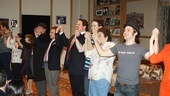 The 12-person cast of It Must Be Him fills the tiny stage of the Peter Jay Sharp Theatre during the show’s opening night curtain call.