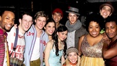 Wallace Smith, Nick Blaemire, Hunter Parrish, Lindsay Mendez, Telly Leung, Anna Maria Perez de Tagle, celebrity guest Nick Jonas, Morgan James, Celisse Henderson, George Salazar and Uzo Aduba are all smiles backstage at Godspell. 