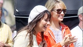 Stars Lea Michele and Dianna Agron look super happy as they ready to film a scene. 