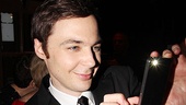 The Normal Heart star Jim Parsons proudly takes a shot of his winning castmate John Benjamin Hickey…

